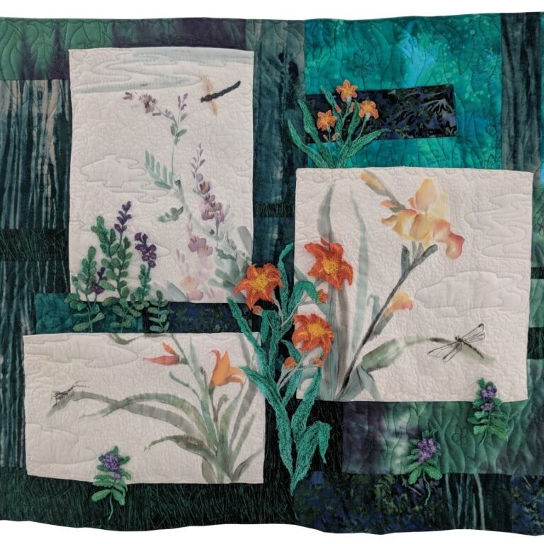 Quilt by Eileen Doughty, "Whose Garden Was This Quilt", located in the Potomac Fiber Arts Gallery. Potomac Fiber Arts Gallery in Studio 29 at Torpedo Factory Art Center by member Eileen Doughty