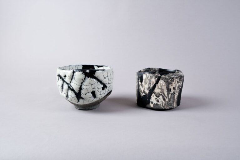 Left: Ryōji Koie, Tea Bowl. Stoneware with shino glaze, n.d. Collection of Raulee Marcus Right: Takahirō Kondō, Tea Bowl: Wave. Marbleized porcelain with “silver mist” overglaze, 2020. Collection of Nick Hamatake and Ken Mariash.. AMOCA