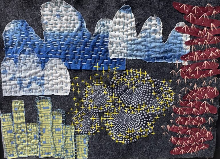 Hand-embroidered experiments with commercial fabrics, felt, and hand-dyed fabrics. Erin Sweeney
