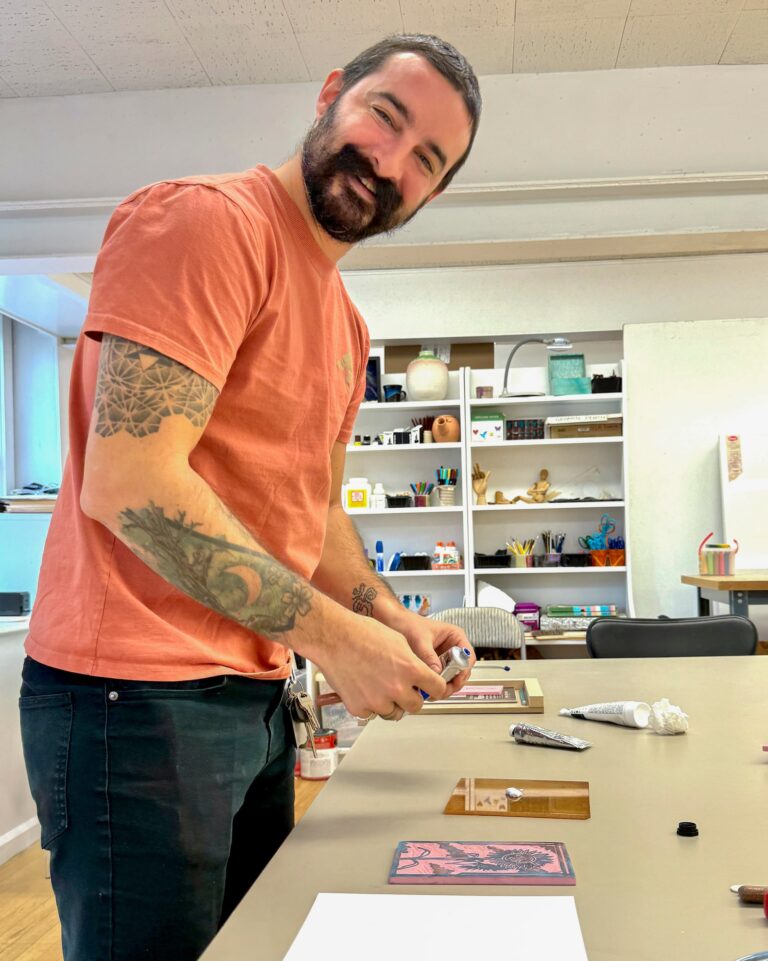 Scott Calcavecchio demonstrating block printing in the River Room, our mixed media studio. Wendy Carlson