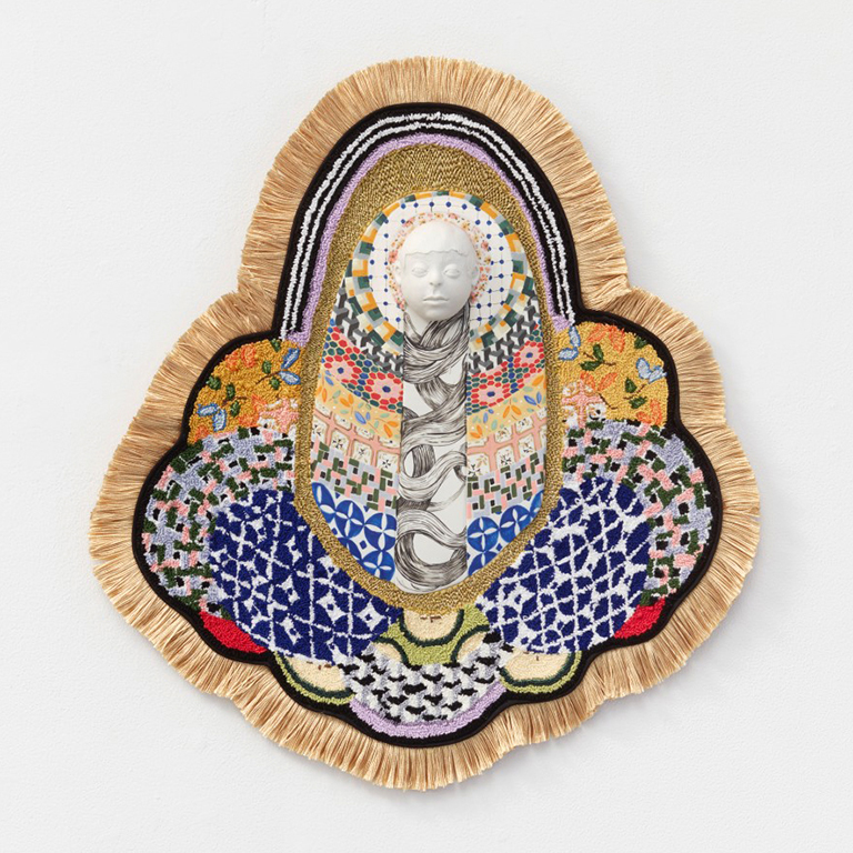 She Held Her Breath by April Felipe (porcelain, underglaze, cotton fiber, pastels, wood, gold fringe, hand-built with punch embroidery). April Felipe