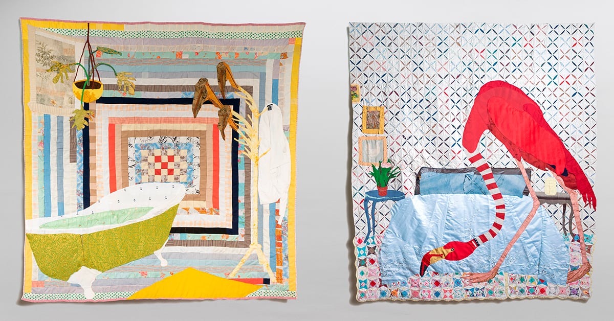 Jesse Krimes. Installation view from left to right: Arrowhead, 2021; Redwing, 2021. © Jesse Krimes. Courtesy of the artist and Jack Shainman Gallery, New York.