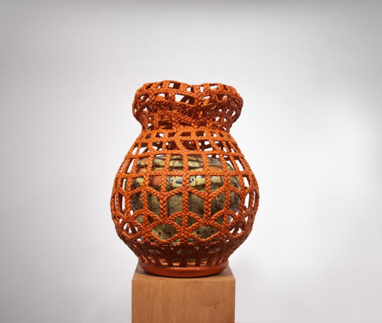 Chelsea McMaster, The Caged Bird, Multi-portrait vessel finished with terra Sigillata and vitreous slip Chelsea McMaster, The Caged Bird, Multi-portrait vessel finished with terra Sigillata and vitreous slip. Image courtesy of the artist