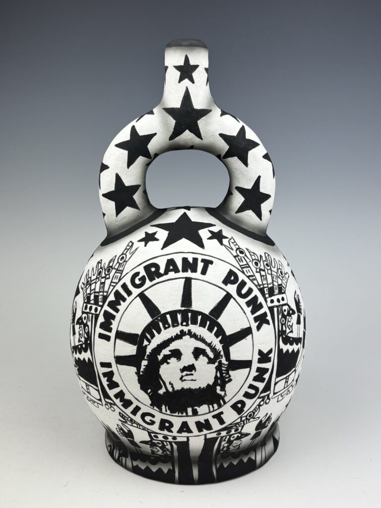 Guillermo Guardia, American Huaco: Immigrant Punk, Ceramics cone 4 underglazes Huaco=Peruvian pre-Columbian ceramics vessel. Image courtesy of the artist