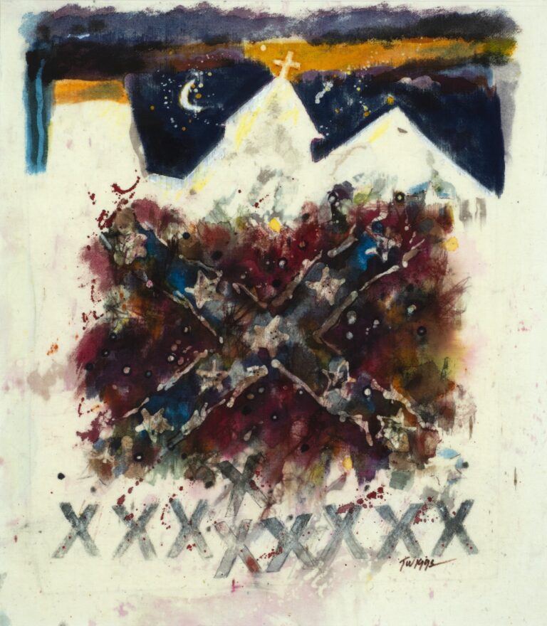 Requiem for Mother Emanuel #3, 2016 by Leo Twiggs (American, b. 1934). Batik on cotton, 16 x 12 inches. Collection of the Gibbes Museum Art. Gift of John and Kay Bachmann. 2016.011. Requiem for Mother Emanuel #3, 2016 by Leo Twiggs (American, b. 1934). Batik on cotton, 16 x 12 inches. Collection of the Gibbes Museum Art. Gift of John and Kay Bachmann. 2016.011. Image courtesy of the Gibbes Museum of Art