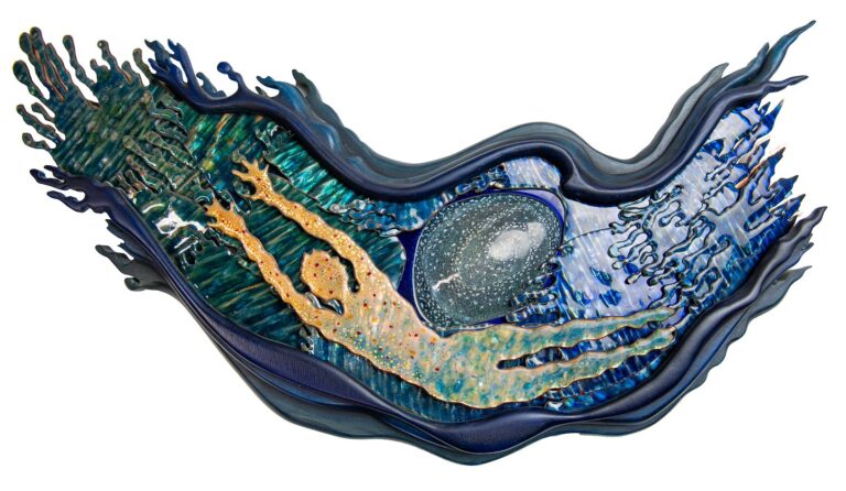 Enameled metal panel featuring a human figure swimming alongside a large jellyfish. Martha Banyas, Winter’s Water: Rite of Passage, 2013. Copper, enamel, and wood. Metal Museum Permanent Collection 2023.9.9