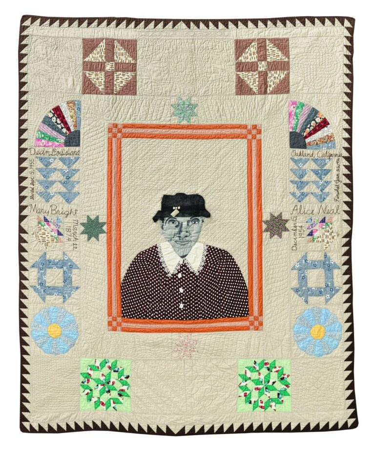 Alice Neal, Mary Bright Commemorative Quilt (with Dresden Plate, Monkey Wrench, Wild Goose Chase, Fan, Basket of Flowers, Star of Lemoyne, Nine Patch blocks), 1956; Cotton, buttons, woven hat, appliqué, hand-pieced and quilted, 78 1⁄2 x 62 3⁄4 in.; Bequest of the Eli Leon Living Trust, BAMPFA; Photo by Kevin Candland. Photo by Kevin Candland