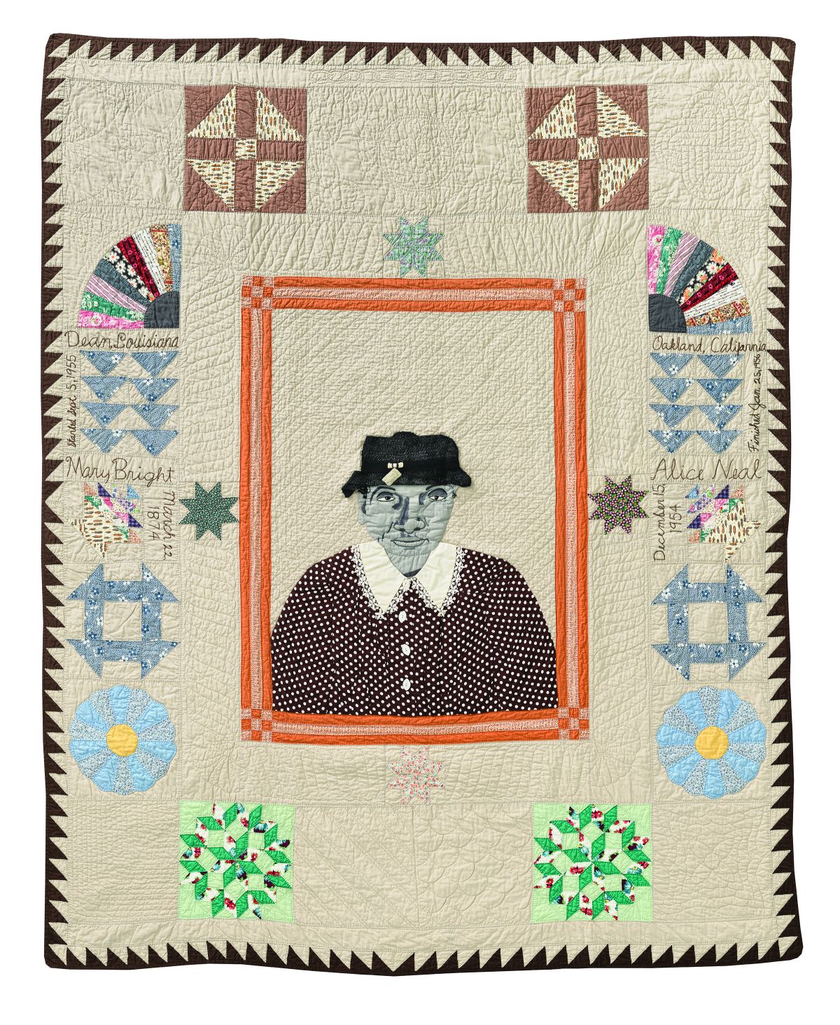 Alice Neal, Mary Bright Commemorative Quilt (with Dresden Plate, Monkey Wrench, Wild Goose Chase, Fan, Basket of Flowers, Star of Lemoyne, Nine Patch blocks), 1956; Cotton, buttons, woven hat, appliqué, hand-pieced and quilted, 78 1⁄2 x 62 3⁄4 in.; Bequest of the Eli Leon Living Trust, BAMPFA; Photo by Kevin Candland. Photo by Kevin Candland