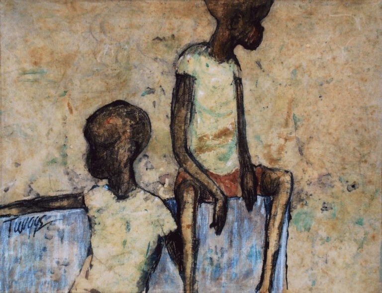 Blue Wall, 1969 by Leo Twiggs (American, b. 1934). Batik and paint on cotton, 22 x 29 inches. Collection of the artist. Image courtesy of the Gibbes Museum of Art.