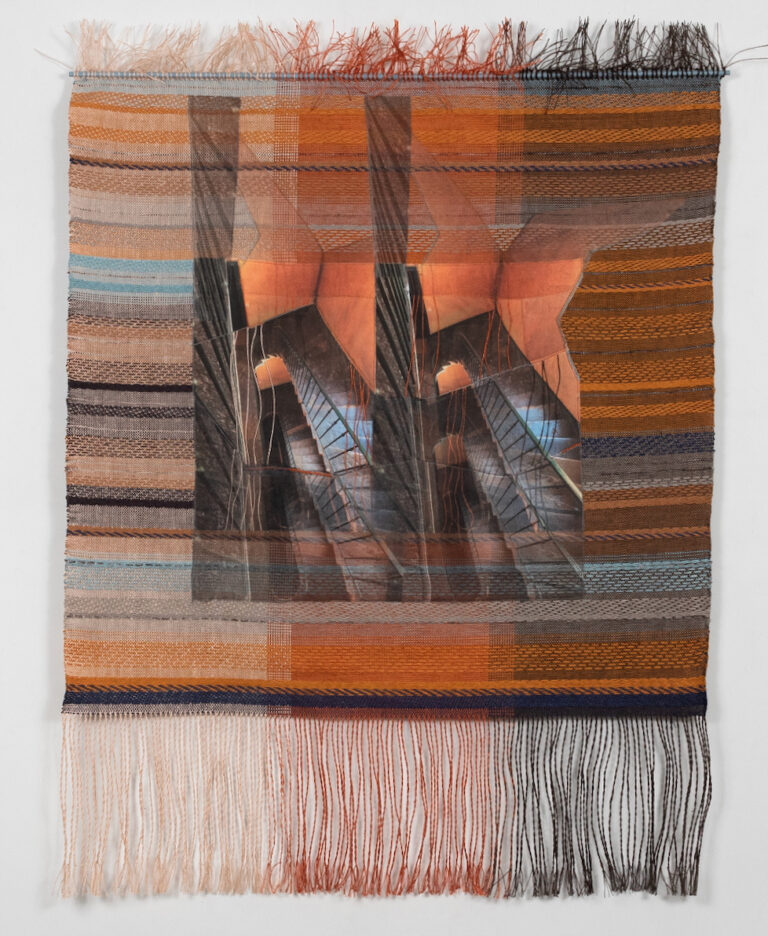 Cameron Taylor Brown Threads of Time/ Lyon Weavers’ Staircase #3, 2024 linen, paper yarns, silk and cotton fabric, wood and paint, weaving, photographic transfer, embroidery H 31” W 25”. Photography credit: Cecily Brown