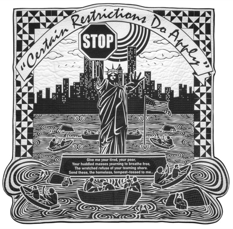 Carolyn Mazloomi, Certain Restrictions Do Apply, 2025, cotton fabric, cotton batt, poly-cotton thread, India ink; stenciled and hand painted, machine quilted, 75 x 78 inches. photo courtesy of Claire Oliver Gallery