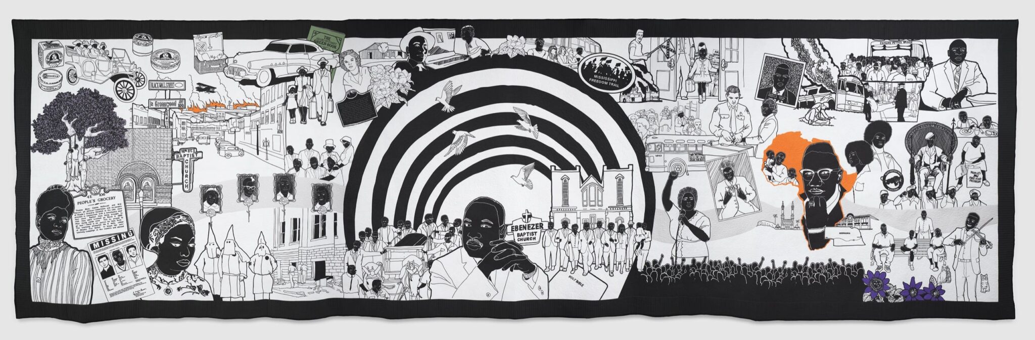 Carolyn Mazloomi, Chasing Freedom 2023-2026, cotton fabric, cotton batt, poly-cotton thread, India ink; stenciled and hand painted, machine quilted, 69 x 228 inches, photo courtesy of Claire Oliver Gallery