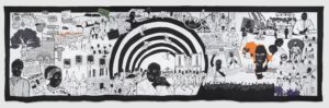 Carolyn Mazloomi, Chasing Freedom 2023-2026, cotton fabric, cotton batt, poly-cotton thread, India ink; stenciled and hand painted, machine quilted, 69 x 228 inches, photo courtesy of Claire Oliver Gallery