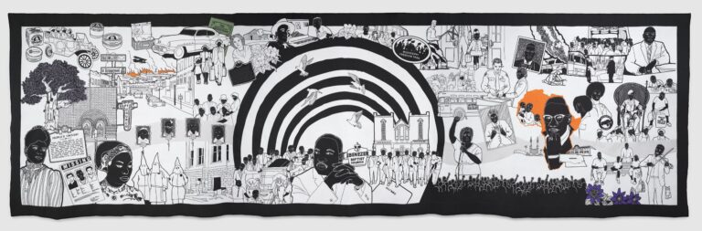 Carolyn Mazloomi, Chasing Freedom 2023-2026, cotton fabric, cotton batt, poly-cotton thread, India ink; stenciled and hand painted, machine quilted, 69 x 228 inches, photo courtesy of Claire Oliver Gallery