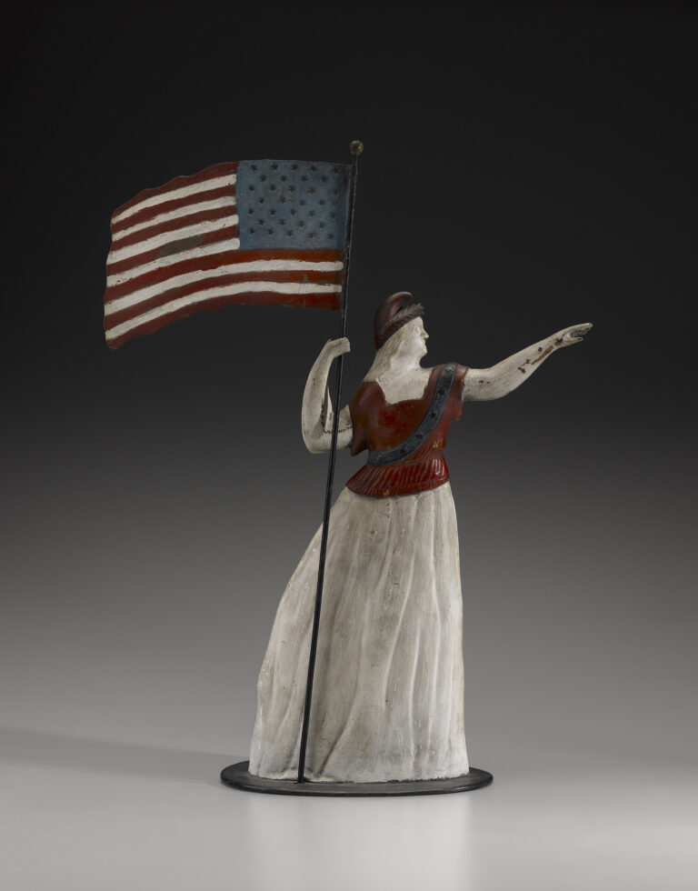 Paint on copper and zinc weathervane by unidentified artist, possibly Cushing and White, c. 1865–1875. Goddess of Liberty Weathervane. American Folk Art Museum, New York, Gift of Jerry and Susan Lauren
