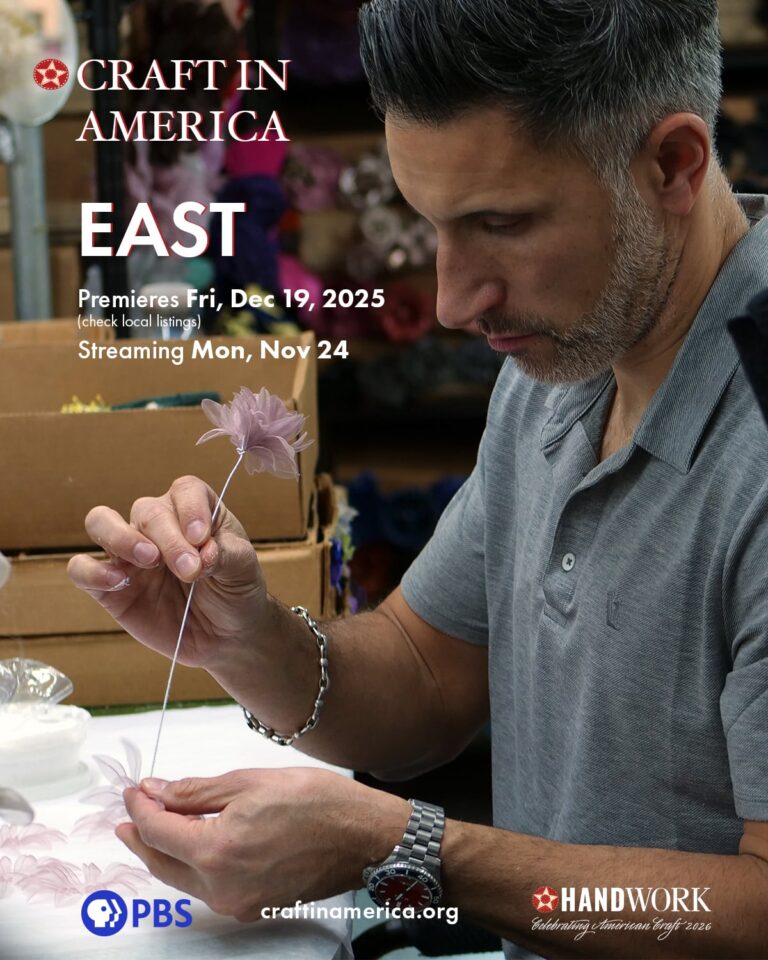 Fourth-generation co-owner Adam Brand handcrafts a fabric flower at M&S Schmalberg’s New York City studio. Craft in America