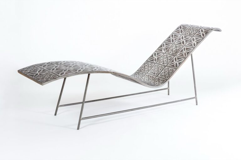 Elsa Hoffman’s “chaise,” a 2022 sculptural piece of steel, pigmented concrete and crushed brick at 77" x 30.5" x 17". RENA RONG