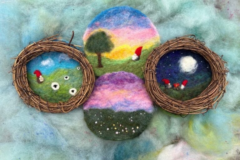 Four small outdoor scenes made from felt. American Swedish Institute