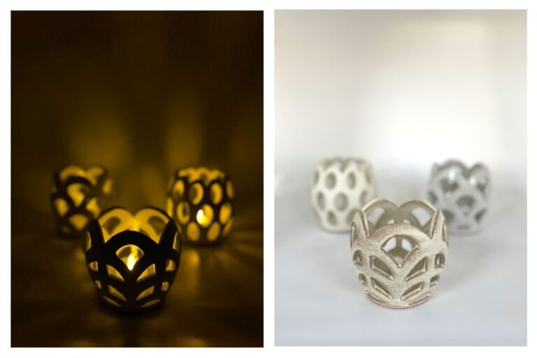 Three luminaries pictured twice, once with a lit candle, once without. American Swedish Institute