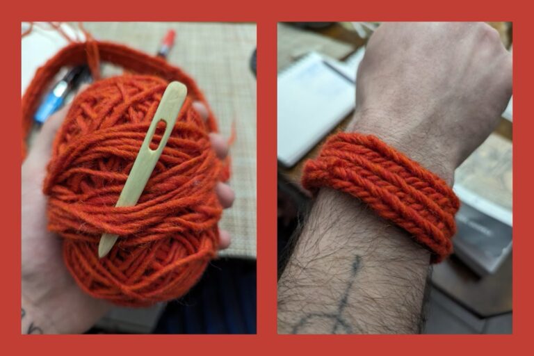 Orange yarn being made into a bracelet. American Swedish Institute