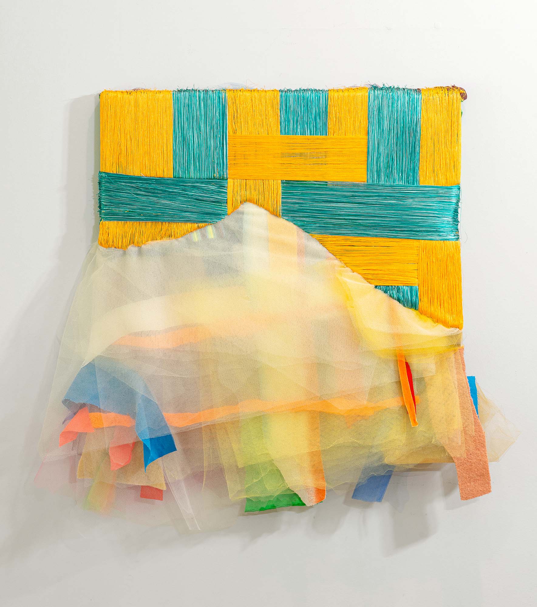 Julia Couzens | Party Grid | 2023 | hand-embroidered thread, mixed textiles | 25 x 23 inches, 62.5 x 57.5 cm. PATRICIA SWEETOW GALLERY