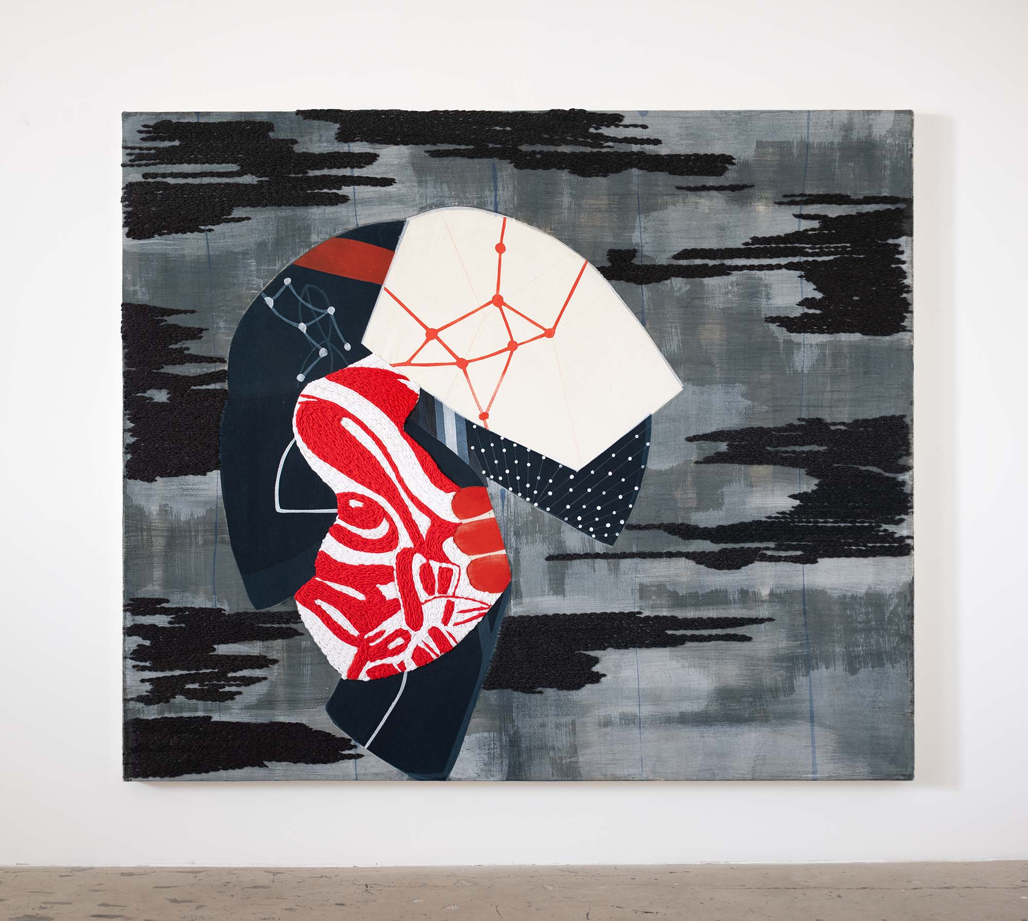 Sarah Amos | Pinch Point | 2025 | Acrylic and yarn on felt, 66 x 78 inches, 170.28 x 201.24 cm. PATRICIA SWEETOW GALLERY