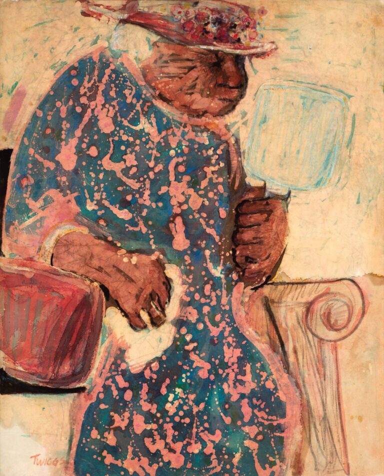 Woman with Fan, 1969 by Leo Twiggs (American, b. 1934). Batik on cotton, 35 x 28 ½ inches. Collection of the artist Woman with Fan, 1969 by Leo Twiggs (American, b. 1934). Batik on cotton, 35 x 28 ½ inches. Collection of the artist. Image courtesy of the Gibbes Museum of Art.
