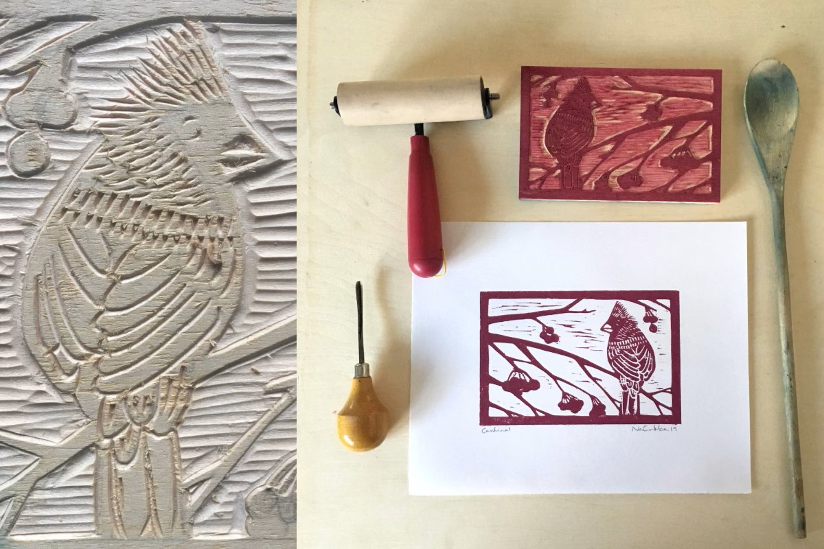 In progress wood cut with printing tools. American Swedish Institute