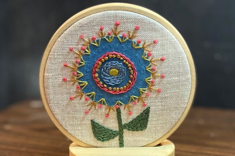 Embroidered flower in a embroidery ring. American Swedish Institute