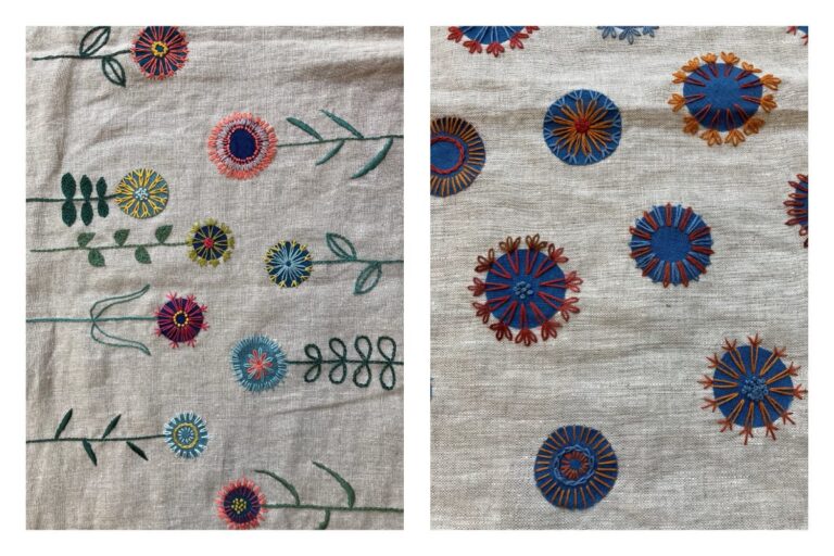 Two embroidered linen samples featuring flowers. American Swedish Institute