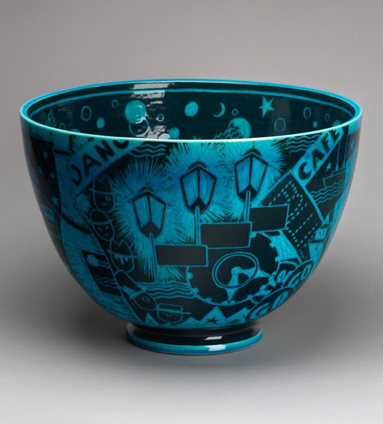 “Jazz” “New Yorker” Punch Bowl, No. X-38, c. 1931, Cowan Pottery Studio (1912-1931), designed by Viktor Schreckengost (1906-2008), Cast Stoneware, Sgraffito, 1976.1.602 "Jazz" "New Yorker" Punch Bowl, No. X-38, c. 1931, Cowan Pottery Studio (1912-1931), designed by Viktor Schreckengost (1906-2008), Cast Stoneware, Sgraffito, 1976.1.602. Photograph Provided by Rocky River Public Library and Cowan Pottery Museum