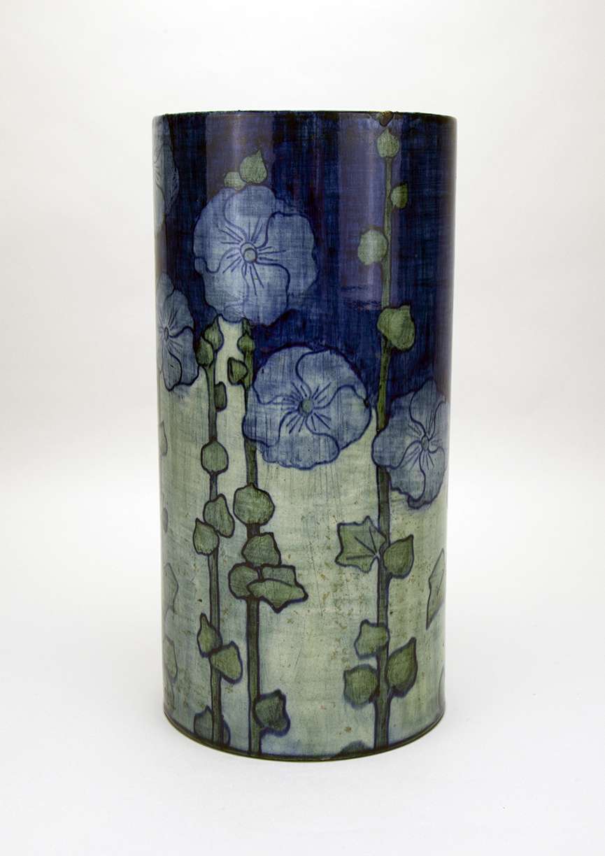 Vase with Hollyhock Design, 1901. Ada Wilt Lonnegan, artisan; Joseph Fortune Meyer, potter. Earthenware with underglaze polychrome ornament. Newcomb Art Museum of Tulane ©Newcomb Art Museum of Tulane