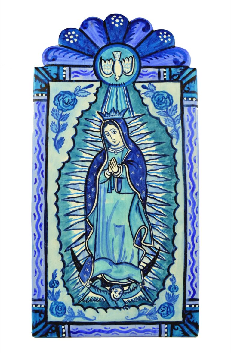 Charles M. Carrillo (American, b. 1956) Our Lady of Guadalupe, 2025, painted wood, 21½” x 11”; Museum purchase with funds provided by Karel and Edward Moersfelder, Collection of Maryhill Museum of Art. Courtesy Maryhill Museum of Art