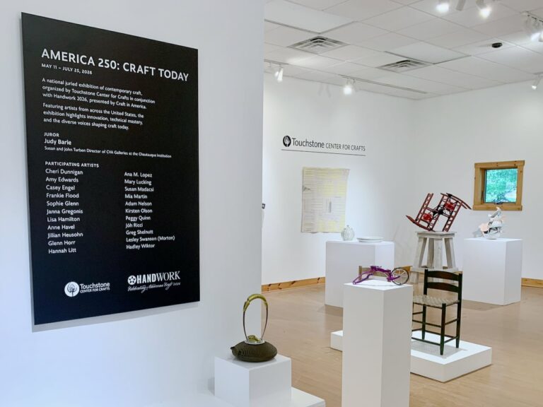 Installation view of AMERICA 250: CRAFT TODAY in the Bea Campbell Gallery at Touchstone Center for Crafts. Organized in conjunction with Handwork 2026, the national juried exhibition features contemporary craft artists from across the United States and highlights innovation, technical mastery, and diverse voices shaping craft today. Photo courtesy of Touchstone Center for Crafts, Farmington, PA.