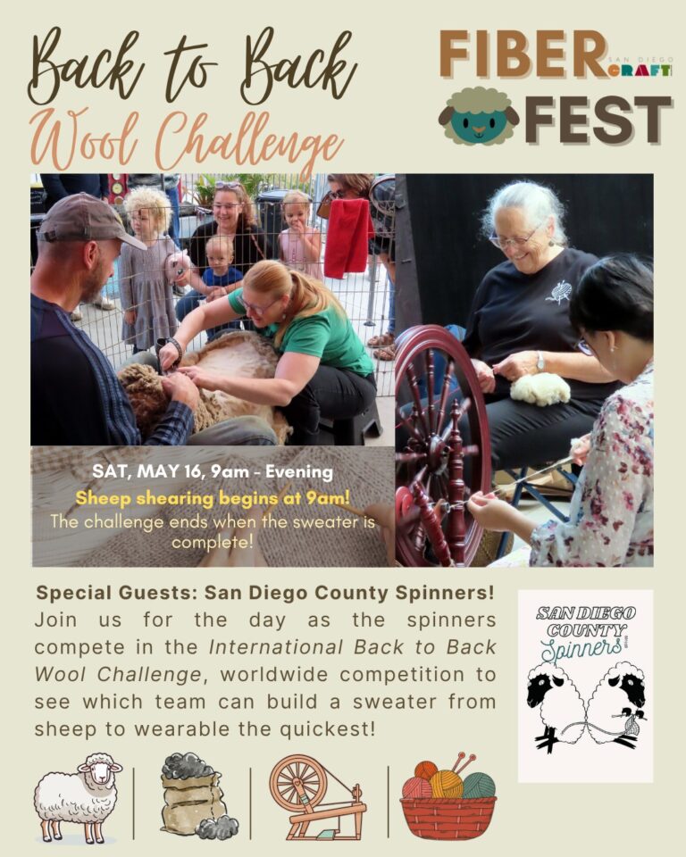 Learn all about wool production–from sheep shearing, carding, spinning & knitting–in-person! Learn all about wool production--from sheep shearing, carding, spinning & knitting--in-person! San Diego Craft Collective