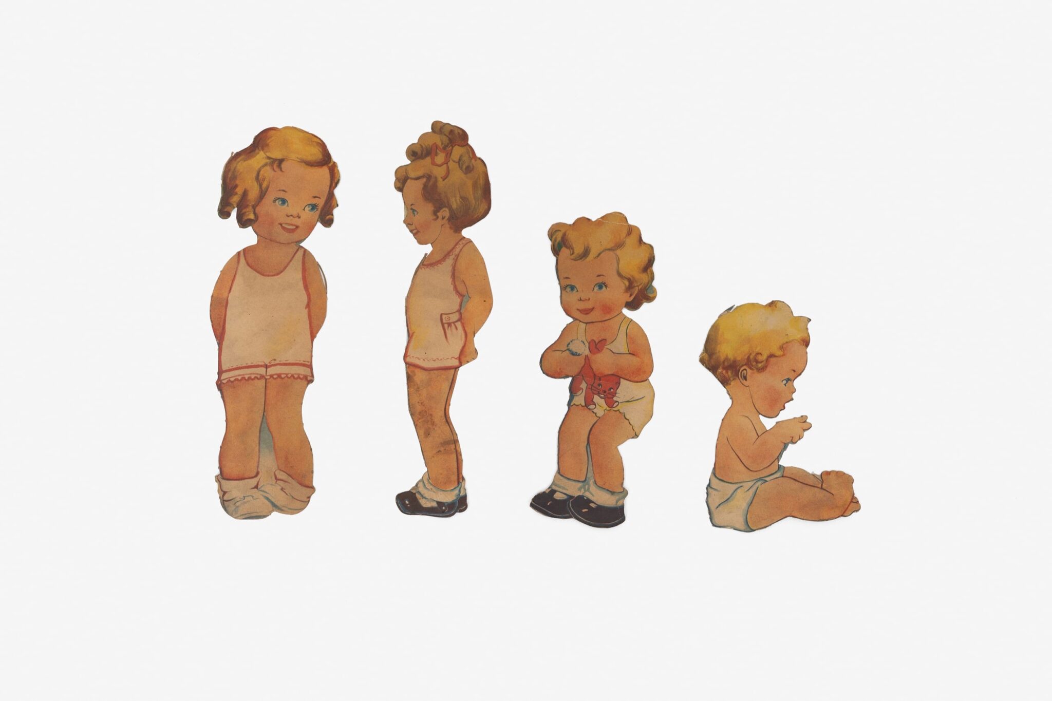 Cutting and Pasting a World: The Paper Craft of Henry Darger at Intuit Art Museum. Paper doll cut-outs, n.d. Paper, dimensions variable. Collection of Intuit Art Museum, Henry Darger Collection, gift of Kiyoko and Nathan Lerner, 2000.189, 2000.190, 2000.309 and 2000.310