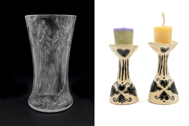 Left: Cup by Michael Carson; Right: Candle Sticks by Zoey McLeod. Photo by Belger Arts