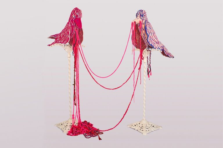 Tufted acrylic yarn sculpture by Margaux McAllister ’04 Tufted acrylic yarn sculpture by Margaux McAllister '04. Margaux McAllister '04, I Give You All of Me (You Take All of Me), tufted acrylic yarn, upholstery fabric, spray foam, wrought iron stands, yarn, 2023
