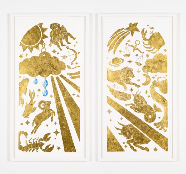 Amelia Toelke, Starlight (diptych), 2023, 24K Gold Leaf and Gouache on Paper, two panels: 19" x 39" each. Amelia Toelke