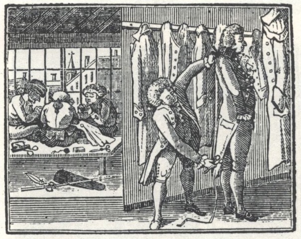 Colonial Tailor. Historic woodcut style image of a tailor measuring a man for a set of clothing. All of the people pictured are wearing 18th century style clothing. Historic Image.