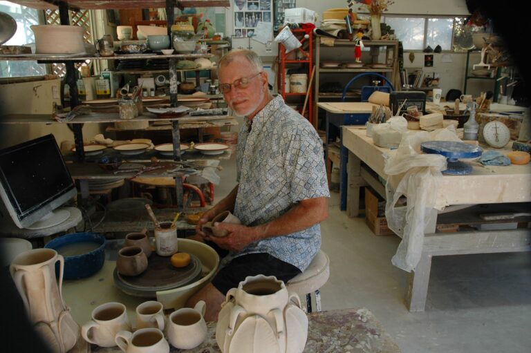 Noted potter David Cuzick working in his San Diego area studio. David Cuzick