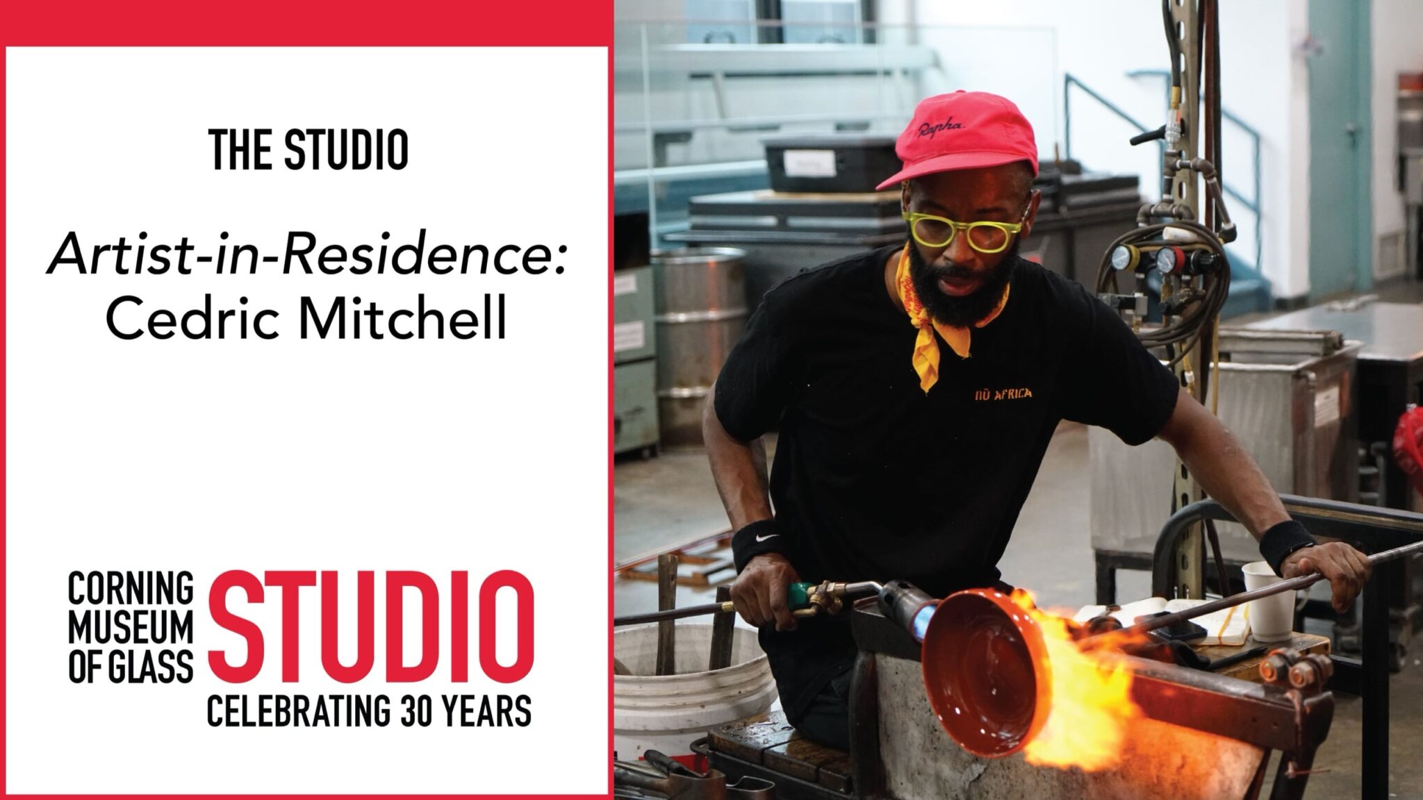 Artist-in-Residence Cedric Mitchell working in The Studio's hot shop. Credit and Copyright: Corning Museum of Glass