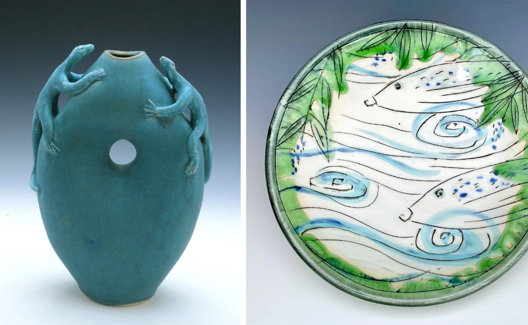 Pieces from the San Diego Potters' Guild are shown in an undated photo collage. San Diego Potters' Guild