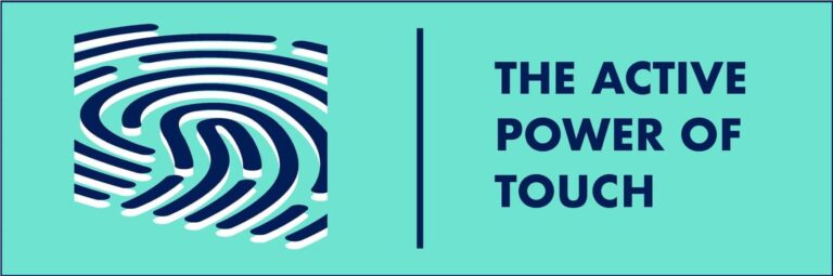 Title graphic of The Active Power of Touch exhibit, a fingerprint on turquoise background. Emilio Guerra