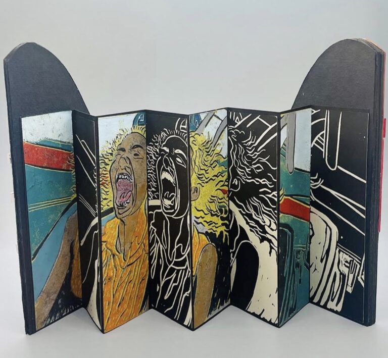 Dee Collins, Roller Coaster Fun, 2025, Artist Book, Reduction Linoleum Print, 8 x 3 x 9 in. Dee Collins, Roller Coaster Fun, 2025, Artist Book, Reduction Linoleum Print, 8 x 3 x 9 in. Image courtesy of the artist