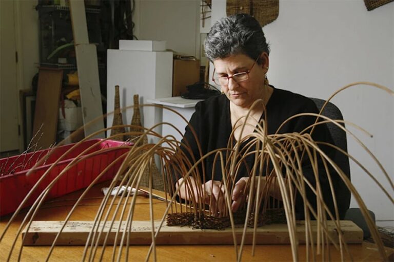 Polly Giacchina weaving fiber. Polly Giacchina weaving fiber. Allied Craftsmen of San Diego