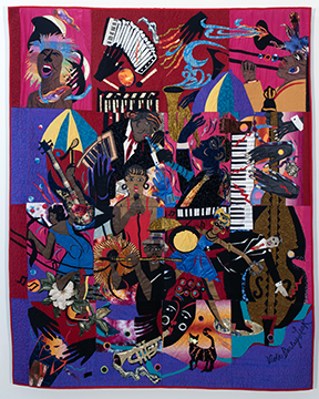 Viola Leak, About Jazz, cotton fabric, cotton batt, netting, metallic fibers, beads, suede fabric, found objects, acrylic paint; hand painting, hand stitched and machine quilted, 80 x 63 inches| 203 x 160 cm Viola Leak, About Jazz, cotton fabric, cotton batt, netting, metallic fibers, beads, suede fabric, found objects, acrylic paint; hand painting, hand stitched and machine quilted, 80 x 63 inches| 203 x 160 cm. Courtesy of Claire Oliver Gallery