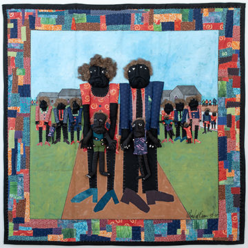 Wendell Brown, The Family, 2024, commercial cotton, cotton batt, yarn, found objects, cotton canvas, acrylic paint; hand painted, hand stitched, 75 x 75 inches | 190.5 x 190.5 cm. Courtesy of Claire Oliver Gallery