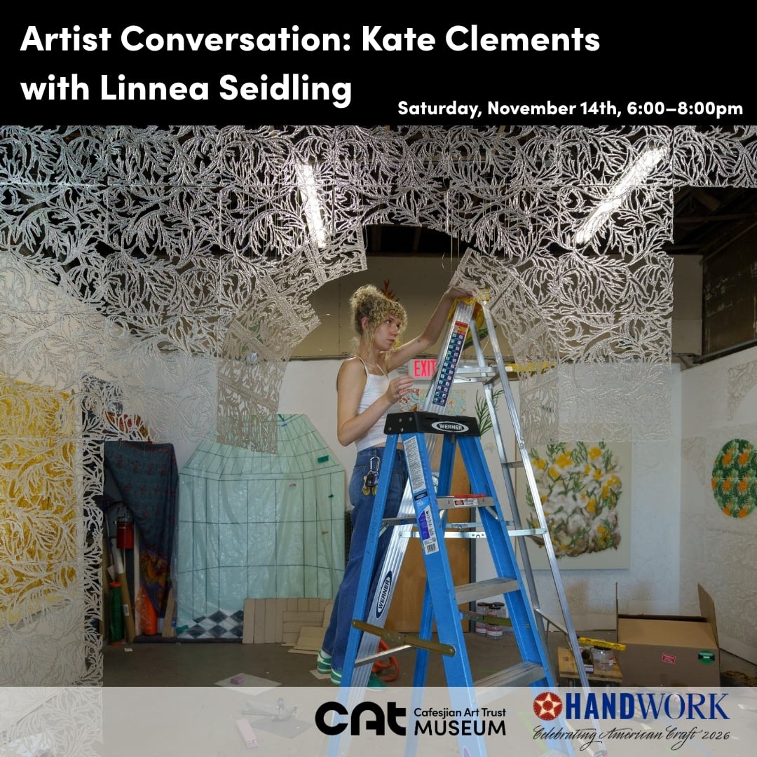 Artist Kate Clements working on a ladder in her studio. Courtesy Kate Clements.