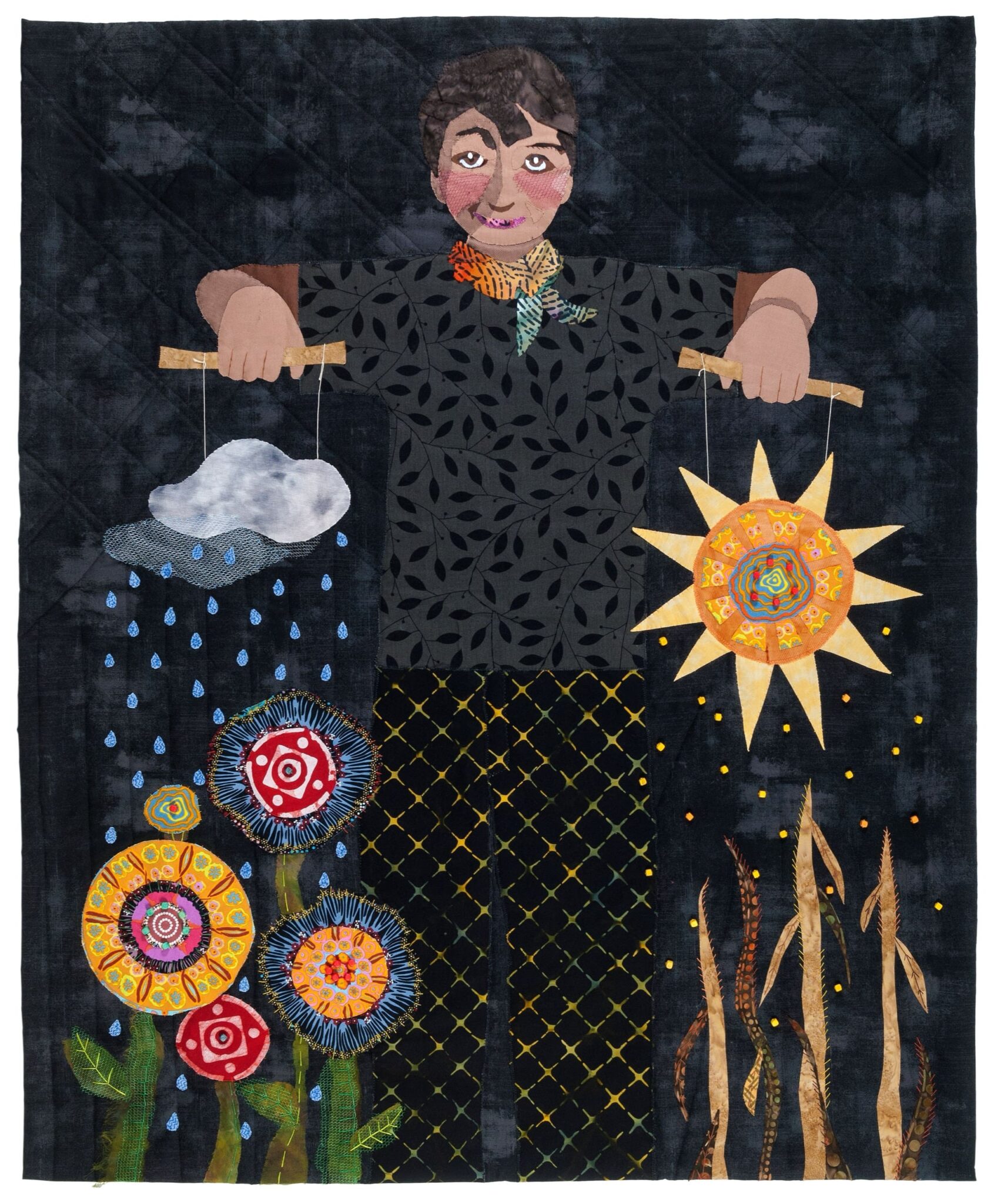 "El Nino" is a play on the weather phenomenon of the same name. A young boy acts as a puppet master who has the sun in one hand and rainclouds in another. Courtesy of Nancy Lemke